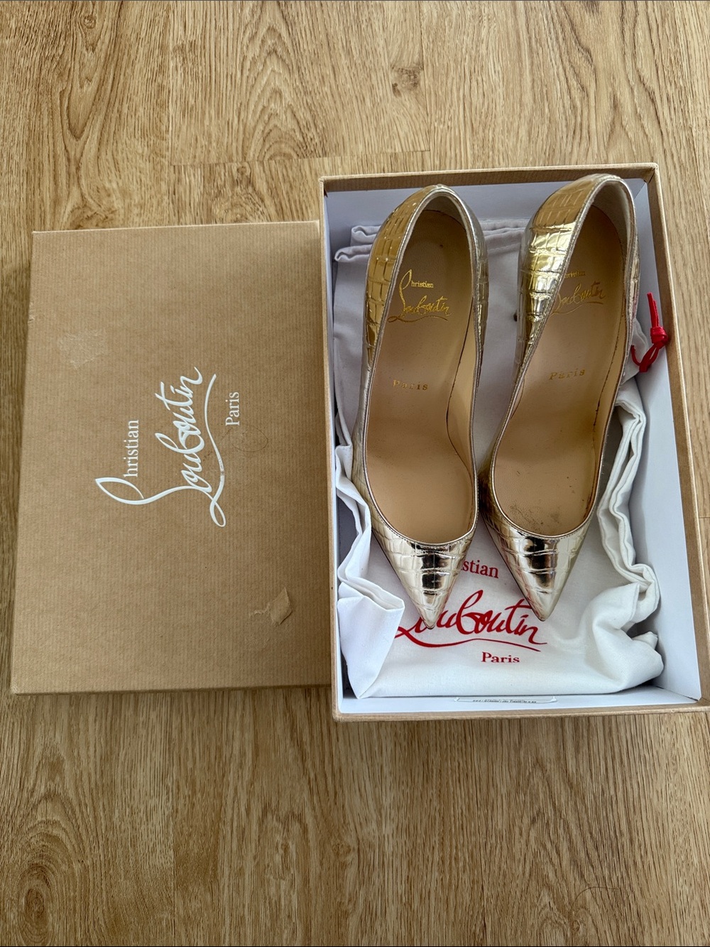 Christian Louboutin Gold Croc-Embossed Pointed Toe Stiletto Pumps